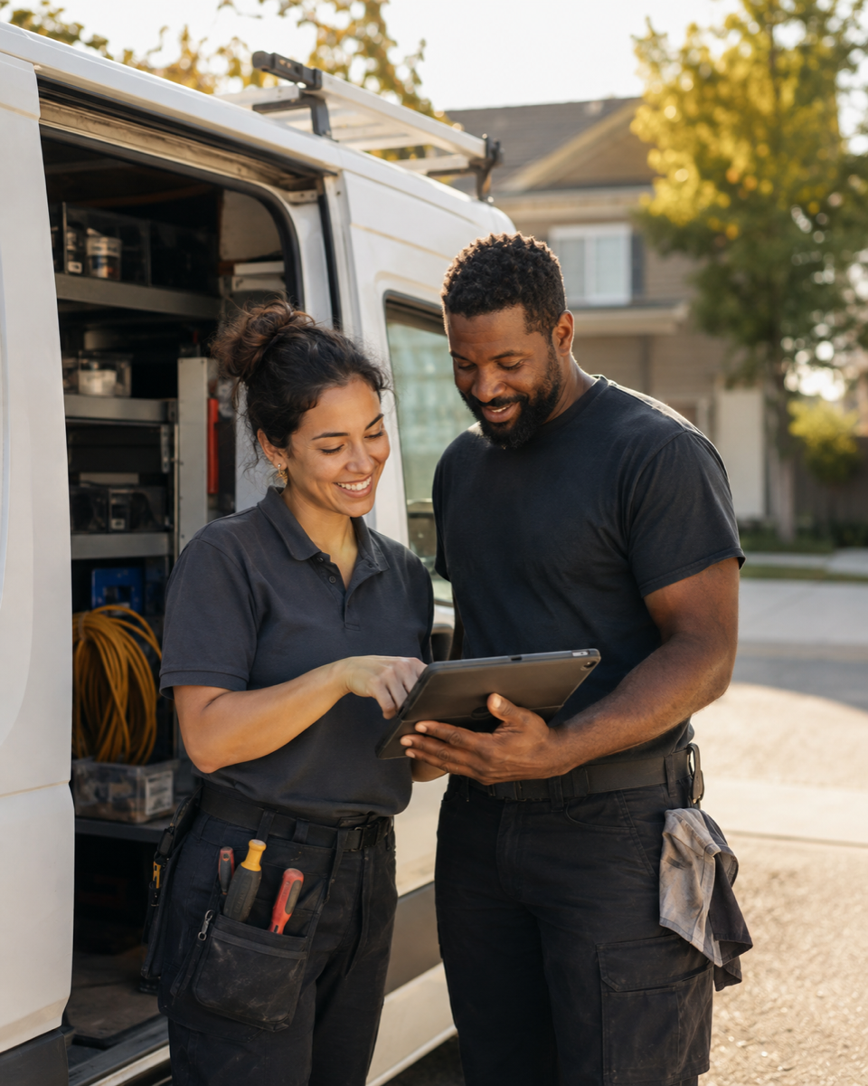 Field service team reviewing work on a tablet